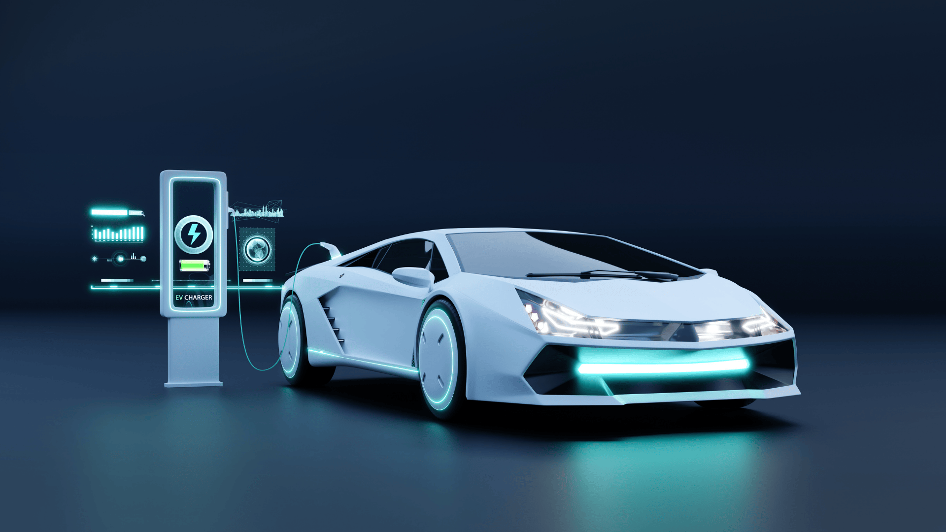 Futuristic electric sports car charging at an EV station with glowing blue lights.