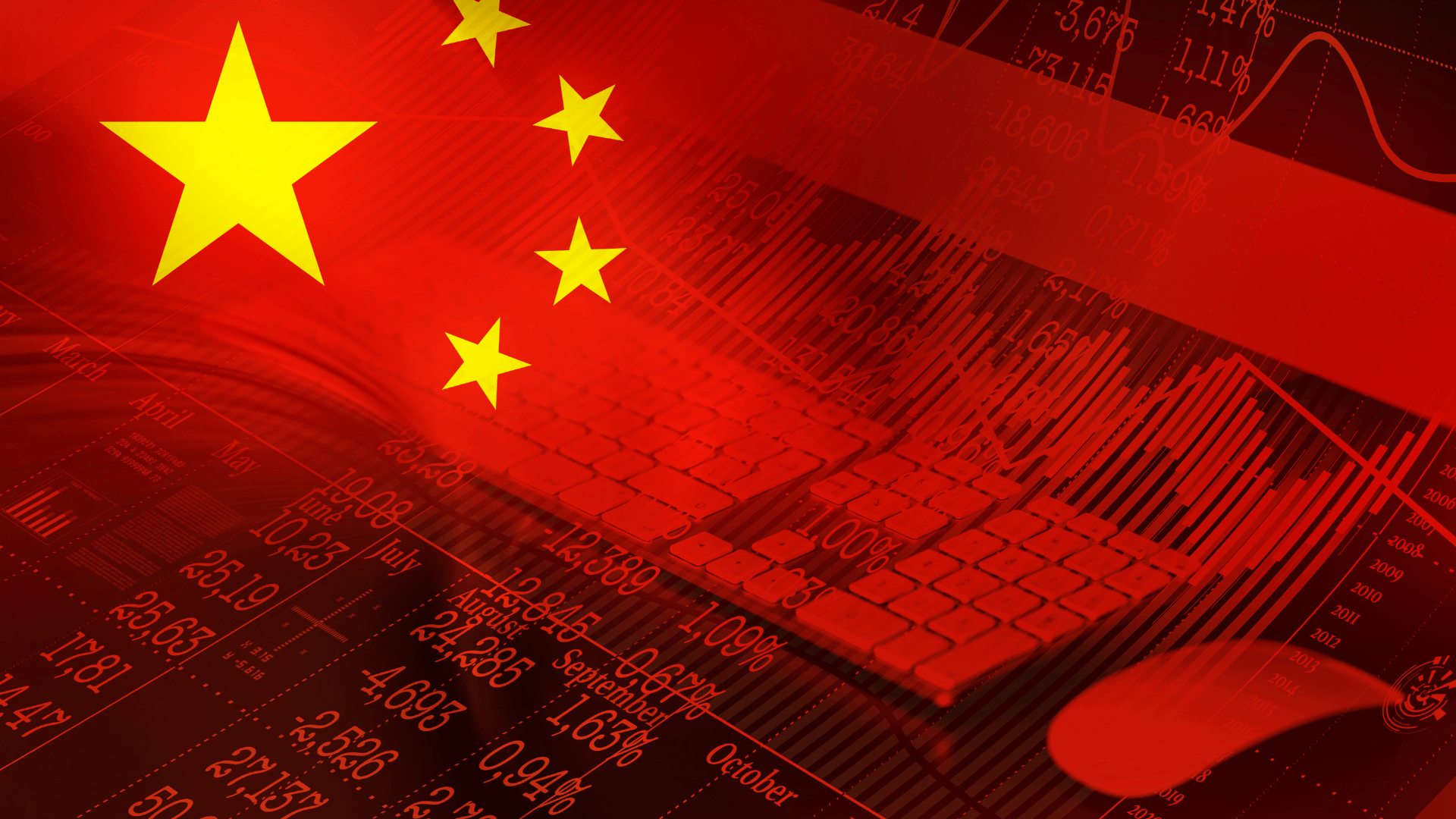 Stylized composite image of the Chinese flag overlaid with financial market charts, data, and a keyboard.