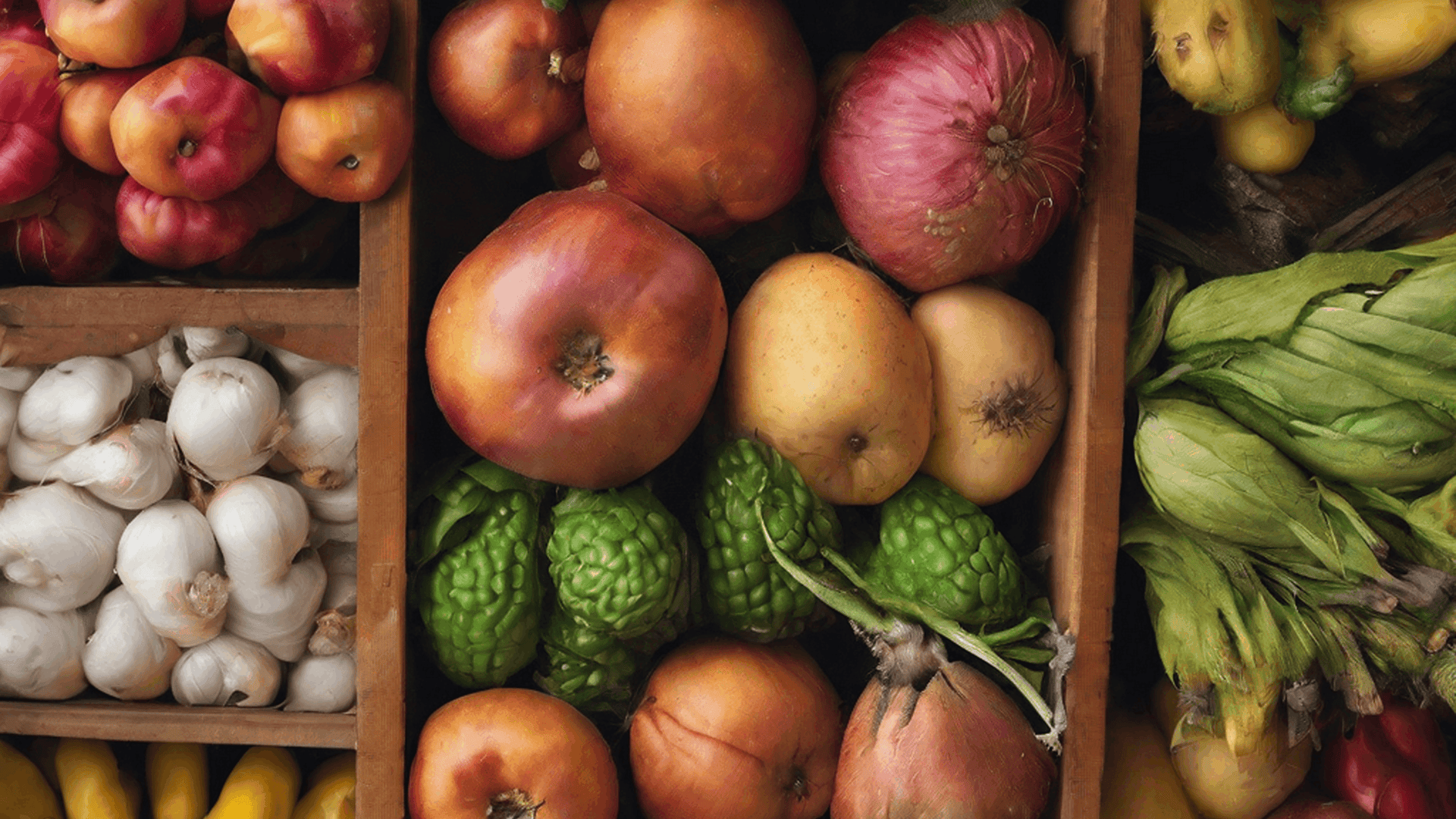 Fresh assortment of fruits and vegetables arranged in wooden crates, including onions, garlic, pears, and leafy greens.