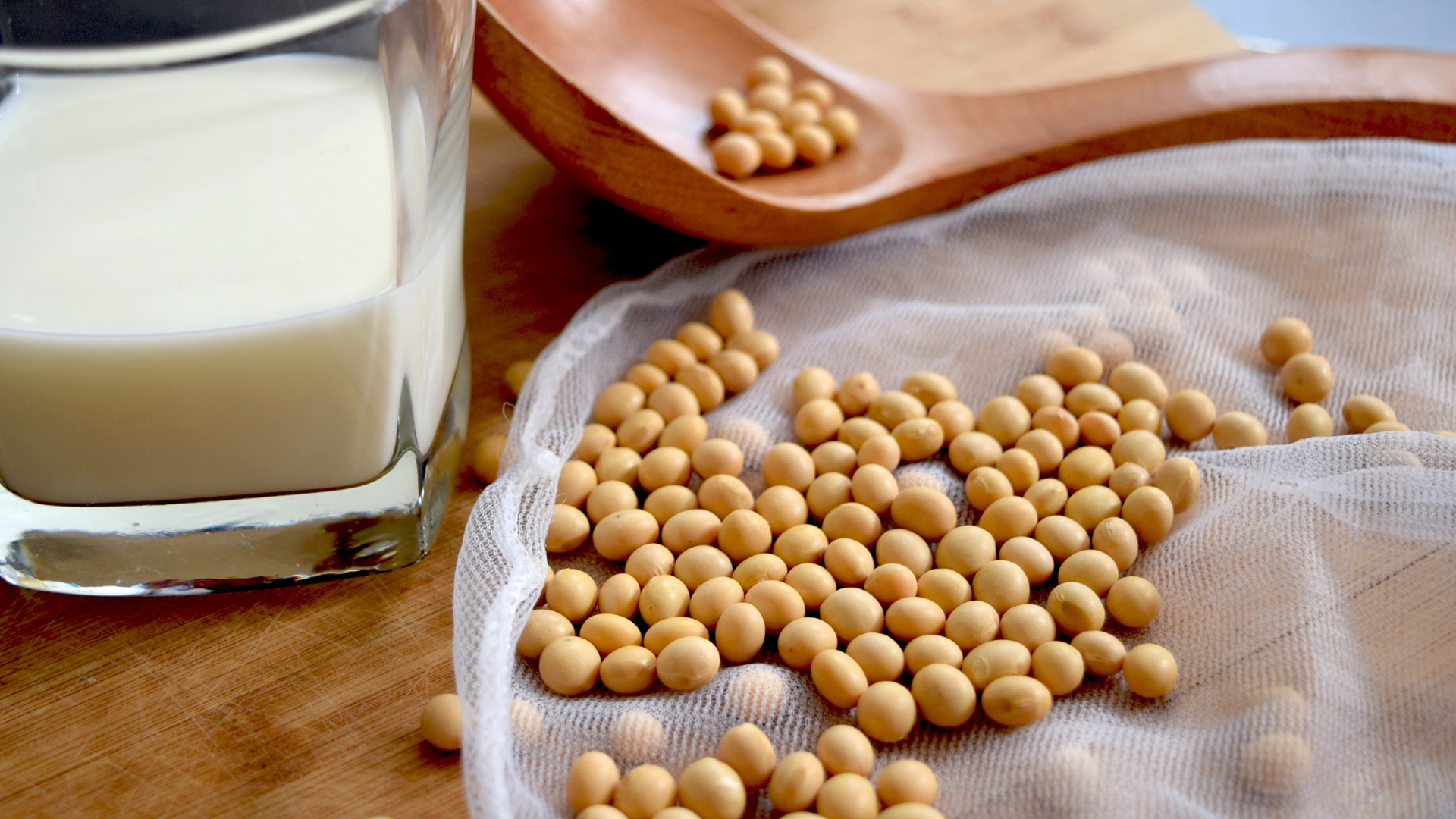 Glass of soy milk beside raw soybeans on a wooden surface.