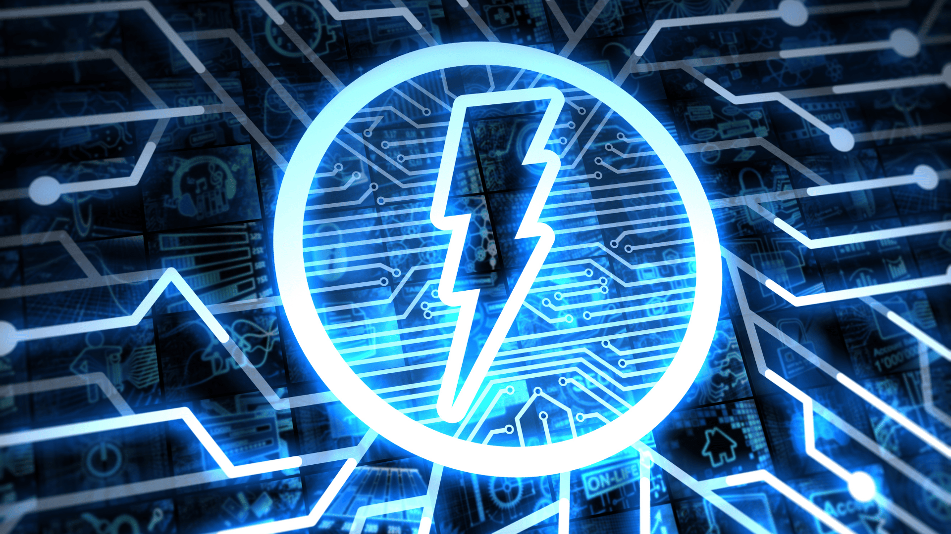Blue lightning bolt symbol on a digital circuit board.