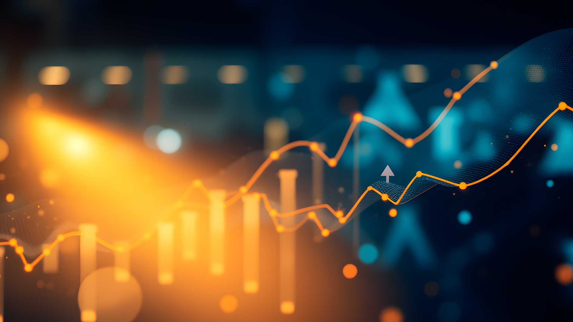 Abstract financial graph showing rising stock trends with glowing orange and blue lines.