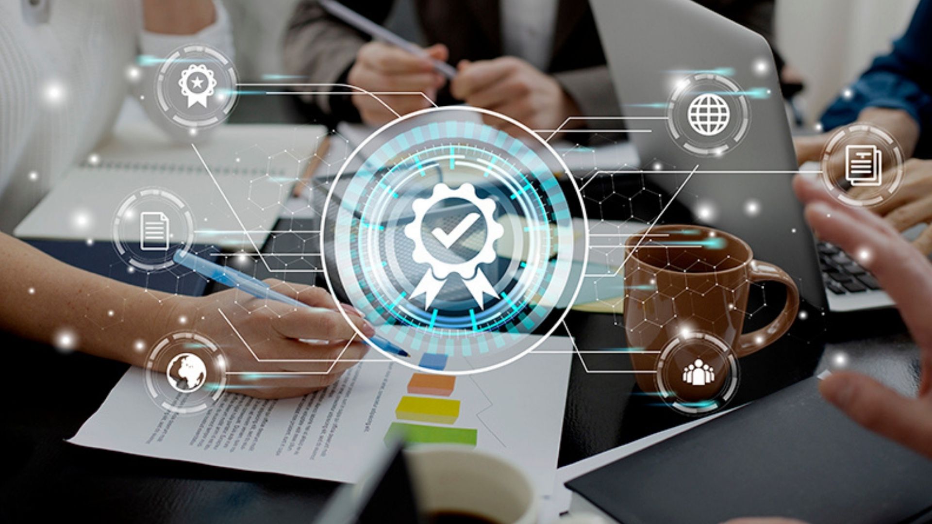Digital business meeting with data analytics and quality assurance icons overlay.