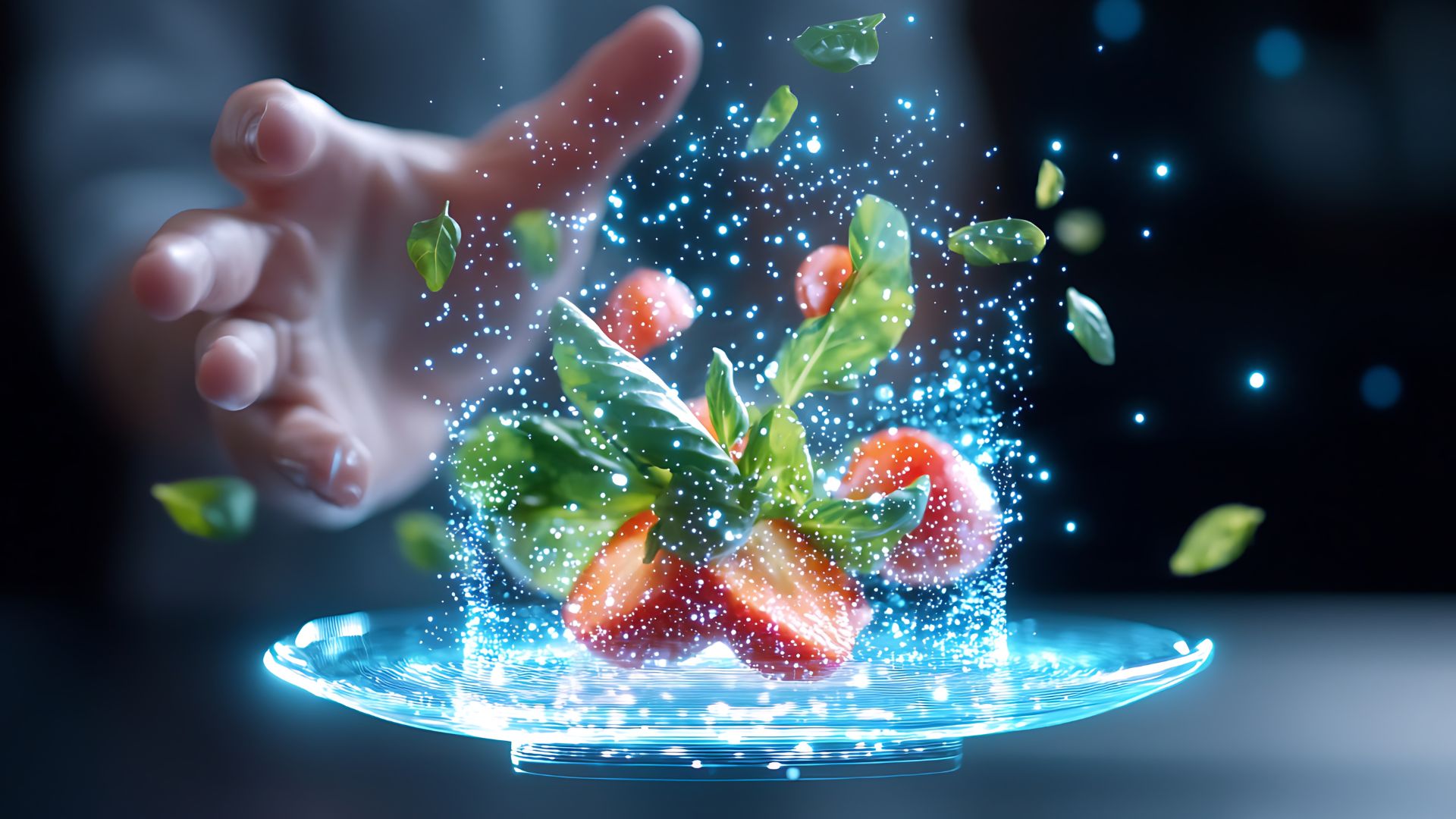Digital illustration of fresh strawberries and basil floating above a glowing platform, symbolizing innovation and consumer demand.