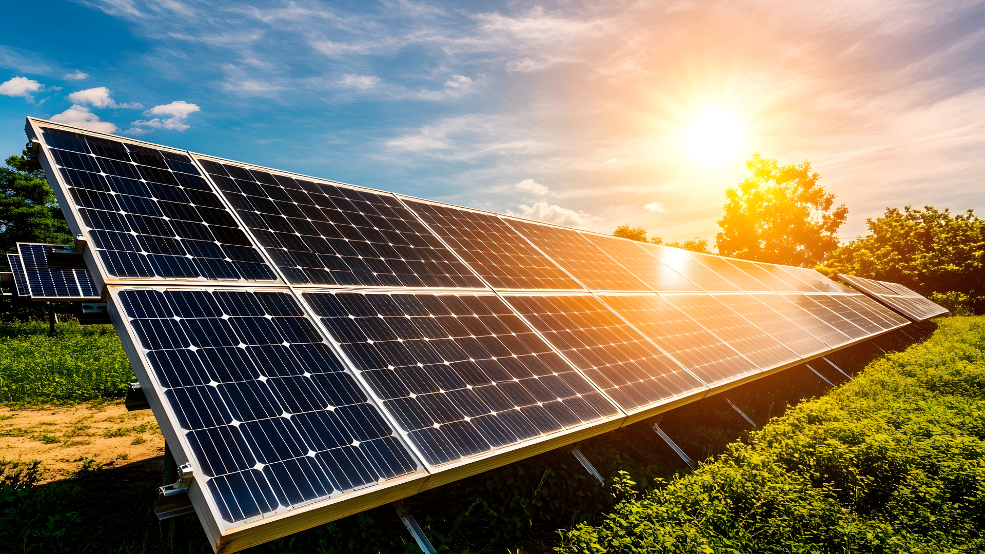 Sunset solar panel array energy field