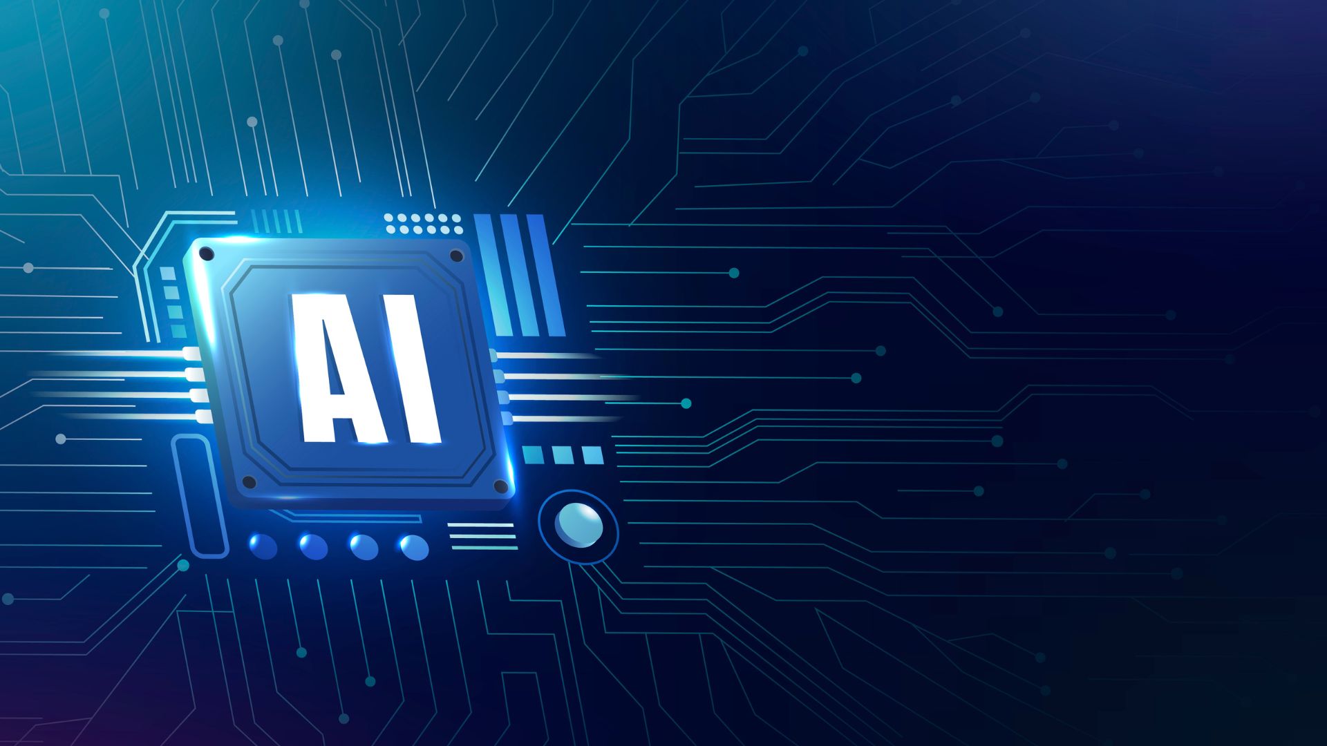 AI processor chip illustrated on a digital circuit board, representing artificial intelligence technology and advanced computing systems.