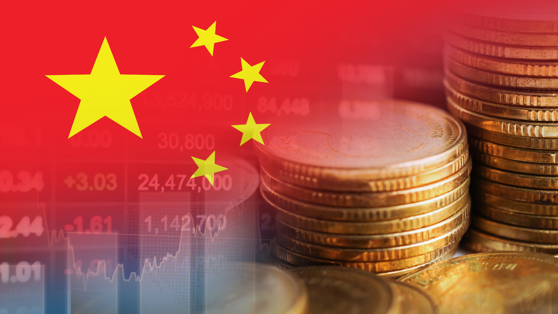 Chinese flag overlaid with stacks of coins and faint financial market charts, symbolising China’s economy, fiscal policy, and capital markets.