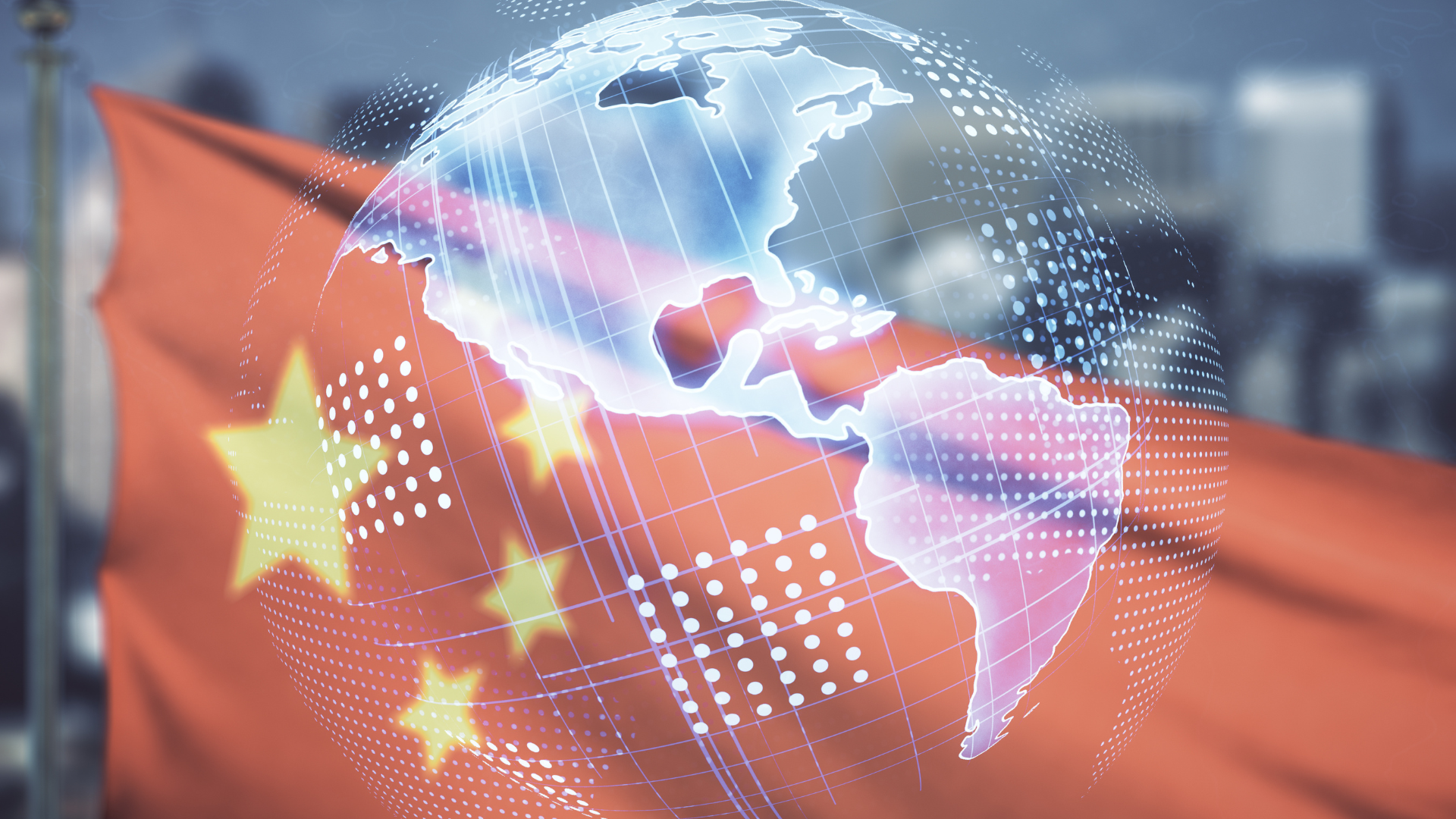 Digital globe overlay with China‘s flag in the background representing China’s internationalized financial markets and global connectivity.