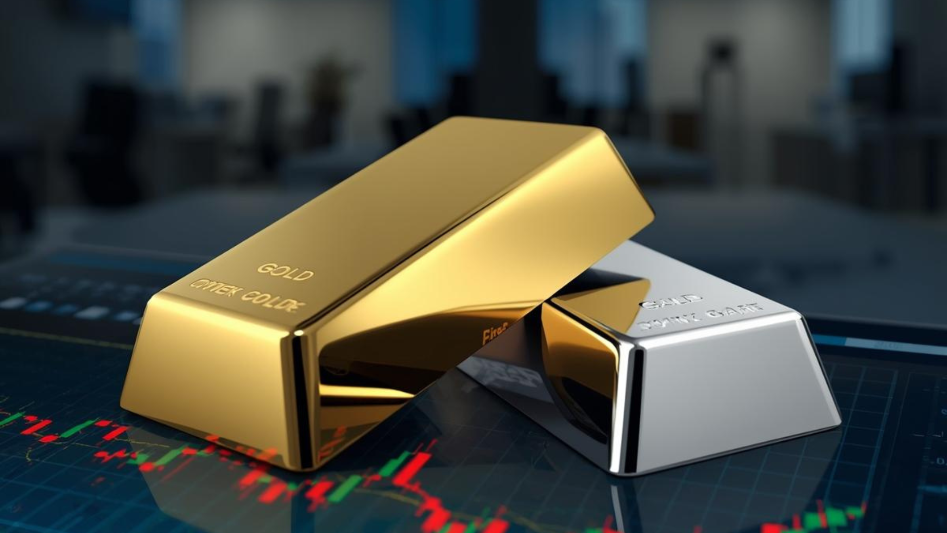 Gold and silver bars displayed on a digital trading screen with market charts, representing precious metals performance and market trends.