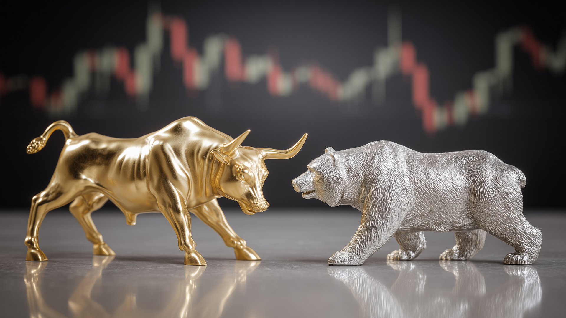 Golden bull and bear on stock market chart symbolizing market trends