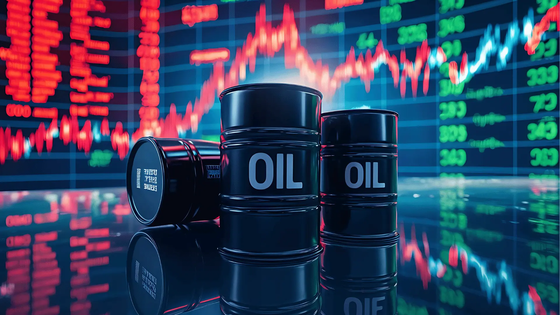 Crude oil barrels in front of a digital trading screen showing rising oil prices and market volatility