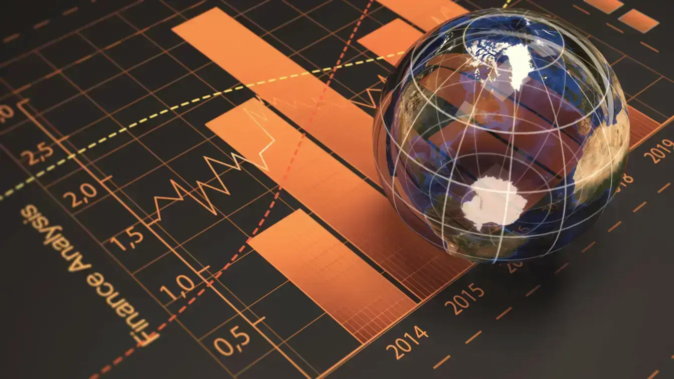 Global financial markets concept showing a globe overlaid on a stock chart with rising and falling price trends.