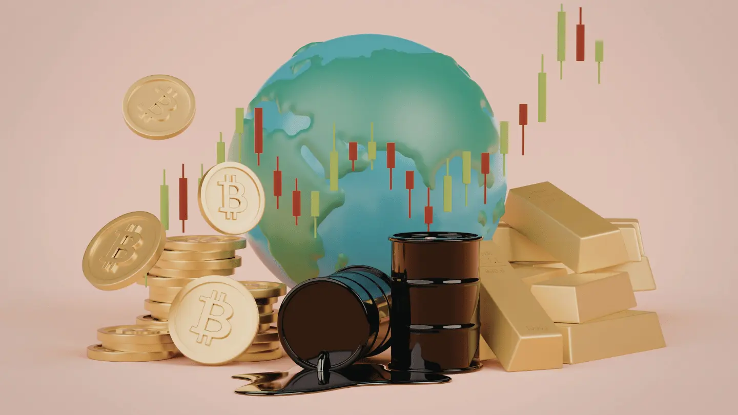 Global economy represented through cryptocurrency and commodities