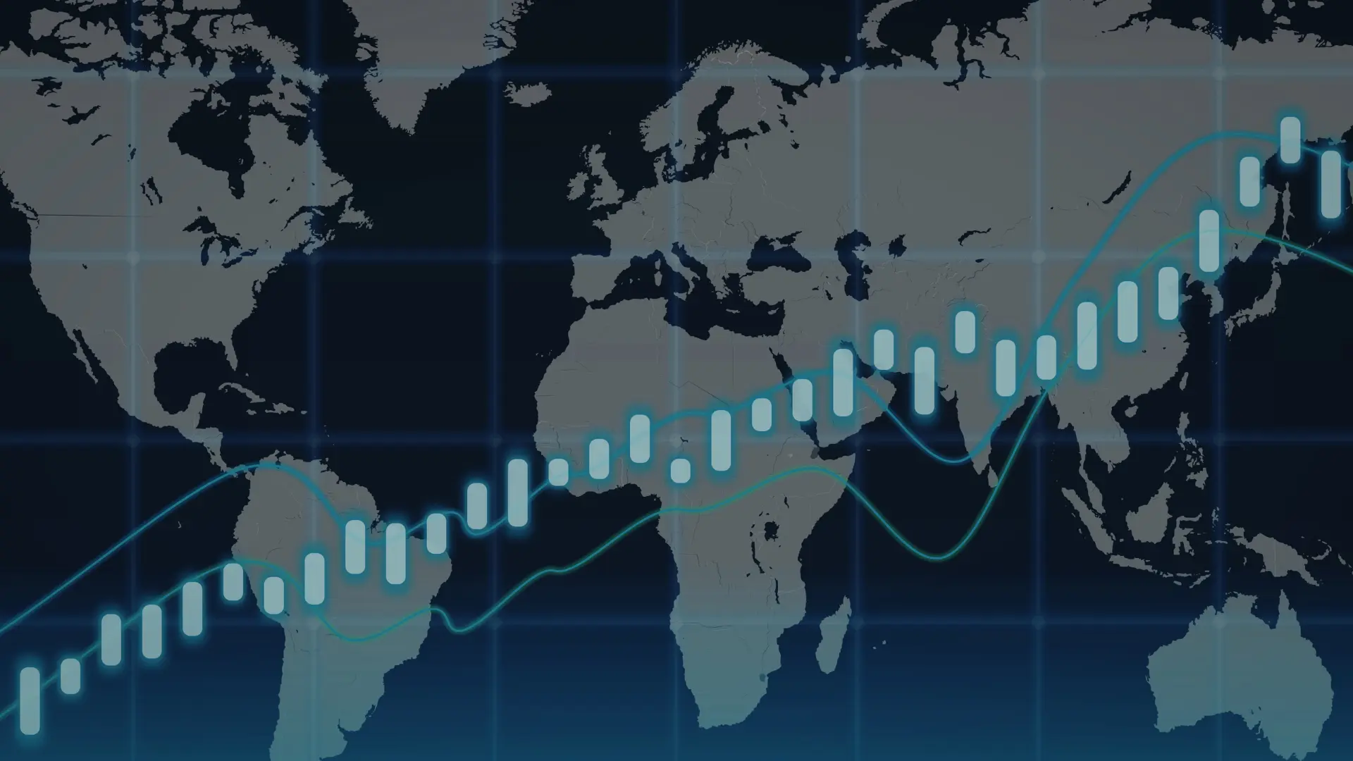 Global financial markets chart overlay on a world map showing rising market trends and international trading activity.