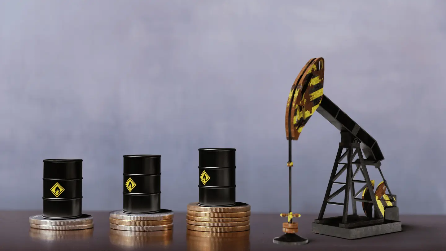 Oil barrels placed on stacked coins alongside a pumpjack, symbolizing rising oil prices and energy market trends